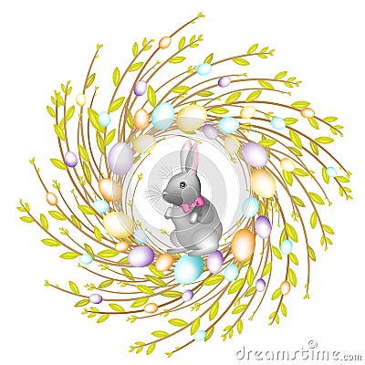 Wreath from young willow branches. The composition is decorated with beautiful Easter eggs. Inside is a rabbit. Symbol of spring Cartoon Illustration