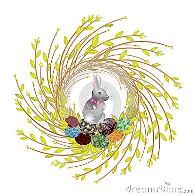 Wreath from young willow branches. The composition is decorated with beautiful Easter eggs. Inside is a rabbit. Symbol of spring Cartoon Illustration