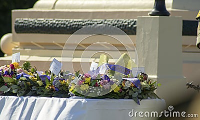 Wreathes waiting to be laid on ANZAC day, Leeton, NSW, Australia Stock Photo