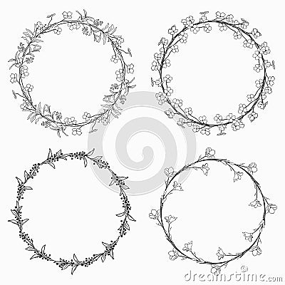 Wreaths, Branches, Laurels with Herbs, Plants and Flowers Vector Illustration