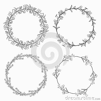 Wreaths, Branches, Laurels with Herbs, Plants and Flowers Vector Illustration