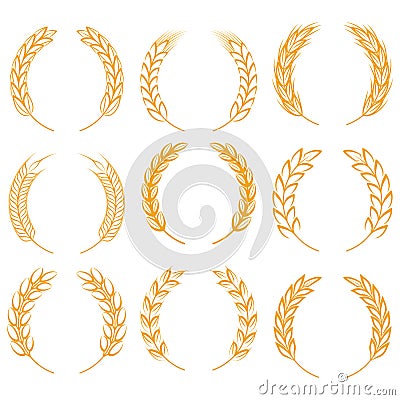 Wreaths of ears of wheat, rye, rice. Design elements for the border. Cereal crops Vector Illustration