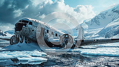 Wreck of crashed airplane in middle of Arctic or high mountains, airplane sitting in snow-covered field near pond of melted snow. Stock Photo