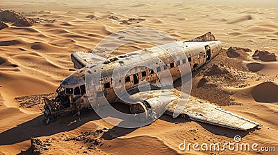 Wreck of crashed airplane in middle of desert, showing signs of rust and decay, sand dunes and barren, desolate atmosphere. Stock Photo