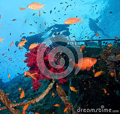 Wreck and divers Stock Photo