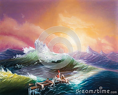 Wreck of sailors at sea, seascape at storm, oil painting Cartoon Illustration