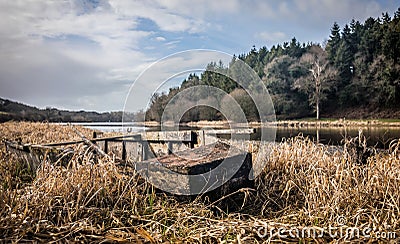 Wreck of a boat on the shores of the lake Stock Photo