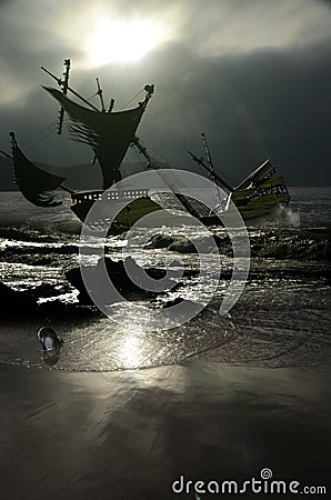 Wreck of vintage caravel Stock Photo