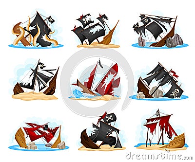 Wreckage of Pirate Ship or Vessel with Ripped Black and Red Sail Vector Set Vector Illustration