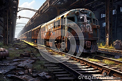 Wrecked, Abandoned Train Yard With Derailed Locomotives And Rusty Tracks. Generative AI Stock Photo