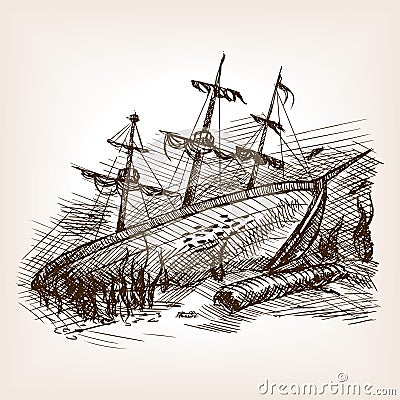 Wrecked ancient sailing ship sketch vector Vector Illustration