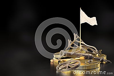 The wrecked cannons were destroyed and piled on the ground with gold coins lying beside them and white flags. Stock Photo