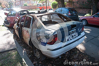 Wrecked police car parked in the strets of Buenos Aires, Argentina Editorial Stock Photo
