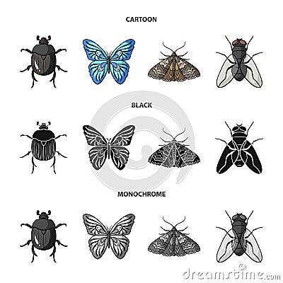 Wrecker, parasite, nature, butterfly .Insects set collection icons in cartoon,black,monochrome style vector symbol stock Vector Illustration