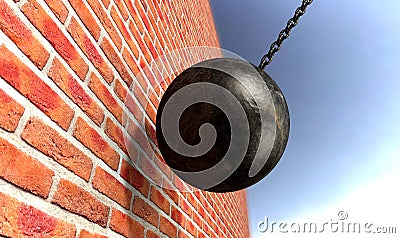 Wrecking Ball Hitting Wall Stock Photo