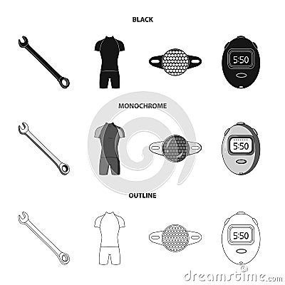 A wrench, a bicyclist bone, a reflector, a timer.Cyclist outfit set collection icons in black,monochrome,outline style Vector Illustration