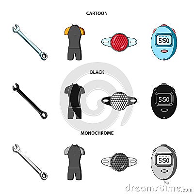 A wrench, a bicyclist bone, a reflector, a timer.Cyclist outfit set collection icons in cartoon,black,monochrome style Vector Illustration