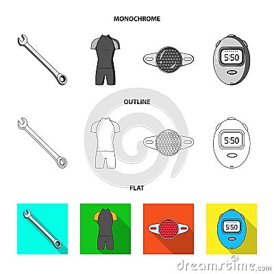 A wrench, a bicyclist bone, a reflector, a timer.Cyclist outfit set collection icons in flat,outline,monochrome style Vector Illustration