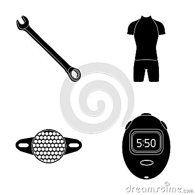 A wrench, a bicyclist`s bone, a reflector, a timer.Cyclist outfit set collection icons in black style vector symbol Vector Illustration