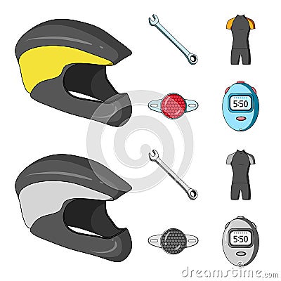 A wrench, a bicyclist s bone, a reflector, a timer.Cyclist outfit set collection icons in cartoon,monochrome style Vector Illustration