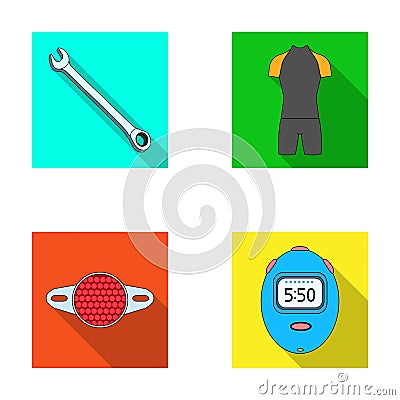 A wrench, a bicyclist`s bone, a reflector, a timer.Cyclist outfit set collection icons in flat style vector symbol stock Vector Illustration