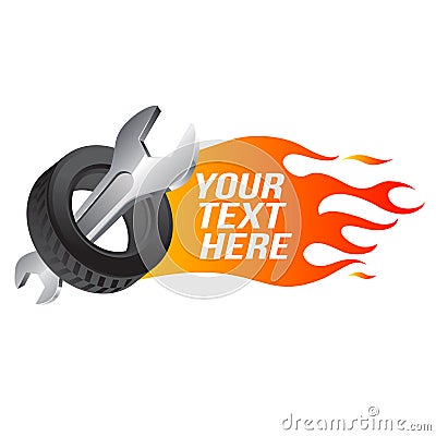 Wrench, car wheel with fire flame Vector Illustration