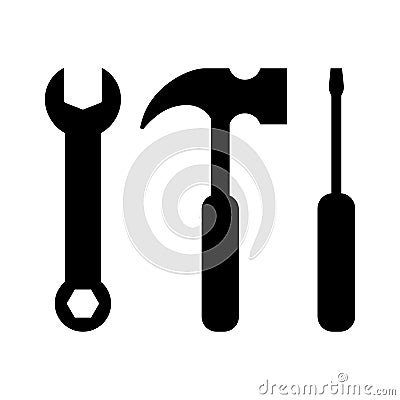 Wrench, hammer and screwdriver silhouette black icons. Wrench, hammer and screwdriver hardware icon set. Vector Illustration