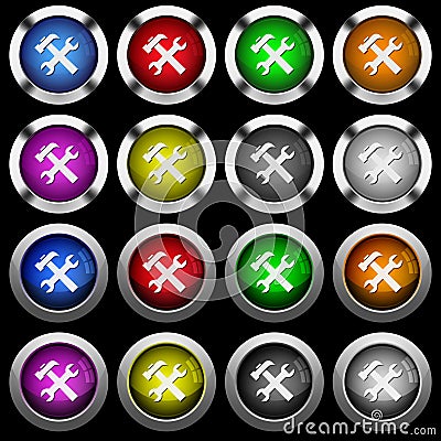 Wrench and hammer white icons in round glossy buttons on black background Stock Photo