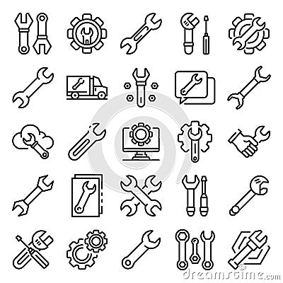 Wrench icons set, outline style Vector Illustration