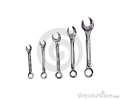 Wrench illustration of realistic 3D metallic mechanic tool. Isolated metric spanners for bolts and nuts or toolbox Cartoon Illustration