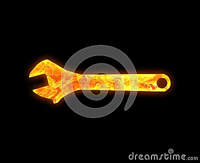 Wrench outline with a bright fire pattern isolated on a black background Stock Photo