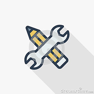 Wrench and pen, installation, design thin line flat color icon. Linear vector symbol. Colorful long shadow design. Vector Illustration