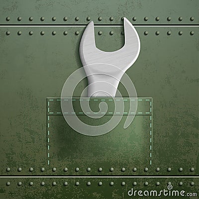 Wrench is in the pocket. Metal industrial texture. Stock Vector Illustration