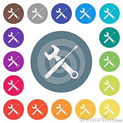 Wrench and screwdriver flat white icons on round color backgrounds Vector Illustration