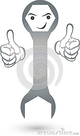 Wrench with smile and hands, locksmith and mechanic logo Stock Photo