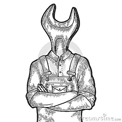 Wrench spanner head worker sketch engraving vector Vector Illustration
