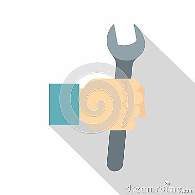 Wrench tool in man hand icon, flat style Vector Illustration