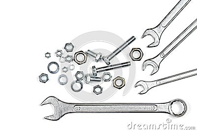 Wrenches, bolts and washers isolated on white background Stock Photo