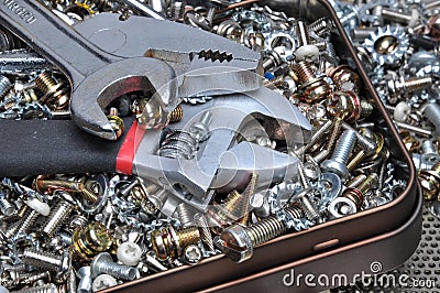 Wrenches and components bolts, nuts, washers, screws Stock Photo