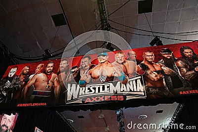 Wrestlemania WWE Axxess Poster sign over entrance Editorial Stock Photo