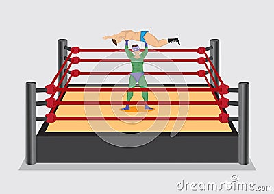 Wrestler Lifts Up Opponent in Wrestling Ring Vector Cartoon Illustration Vector Illustration