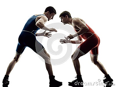 Wrestlers wrestling men isolated silhouette Stock Photo