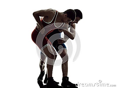 Wrestlers wrestling men isolated silhouette Stock Photo