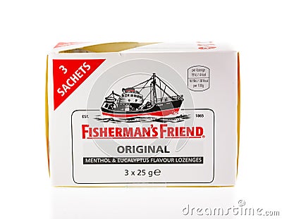 Fisherman`s Friend, original flavour lozenges on white background. Editorial Stock Photo