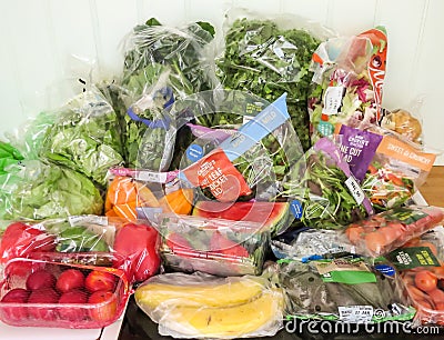 WREXHAM, UK - JANUARY 26, 2017: Collection of fresh fruit and vegetables grocery shopping from Asda supermarket. Editorial Stock Photo