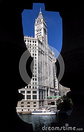 Chicago, Illinois, United States-circa 2010-Wrigley Building in downtown Chicago seen through abstract shaped shadows Editorial Stock Photo