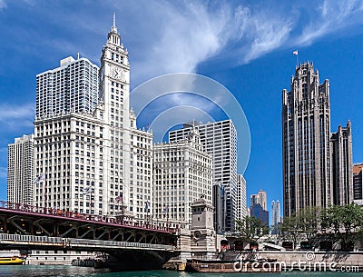 Wrigley Building and Herald Tribune in Chicago Editorial Stock Photo