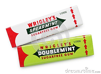 Wrigley`s Doublemint and Spearmint sugarfree chewing gums Editorial Stock Photo