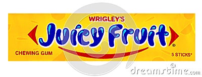 Wrigley`s Juicy Fruit chewing gum 5 sticks isolated on white bac Editorial Stock Photo