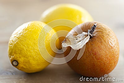 Wrinkled apple and two lemons Stock Photo